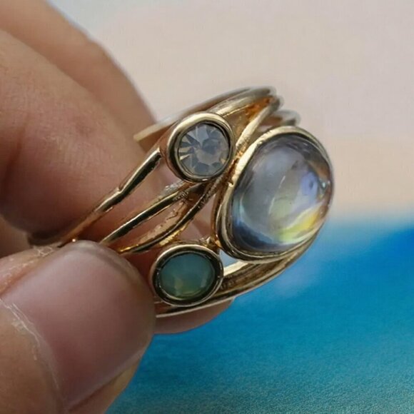 Turquoise Synthetic Three-Stone Ring, Gold Plated, Wide Statement Ring - Picture 3 of 8